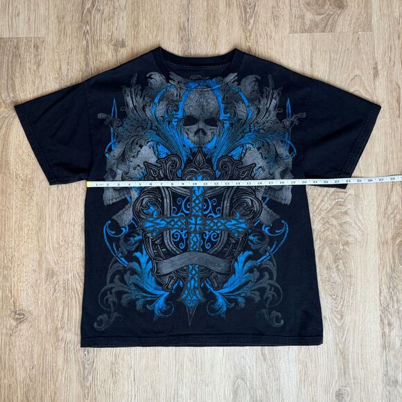 MMA Elite Graphic T-Shirt Skulls Cross Black Blue Print Size Large Cotton - Picture 4 of 5